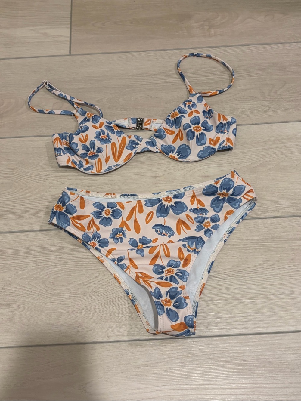 Floral Two-Piece Bikini Set in White, Blue & Orange Accents